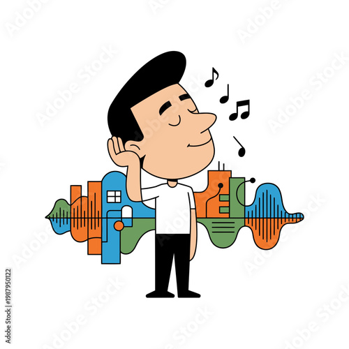 Man Listening to Music with Colorful Cityscape Background