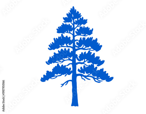 Blue pine tree silhouette, evergreen forest plant, conifer wood spruce fir, nature wilderness outdoors icon, minimalist tree graphic