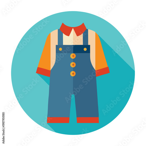 Flat design of baby clothes with blue overalls and orange shirt