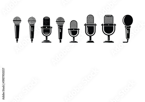Assorted styles of microphones displayed in a row for comparison