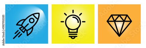 Company mission vision values icon collection with rocket launch light bulb and diamond symbols, creative business three step web template vector illustration