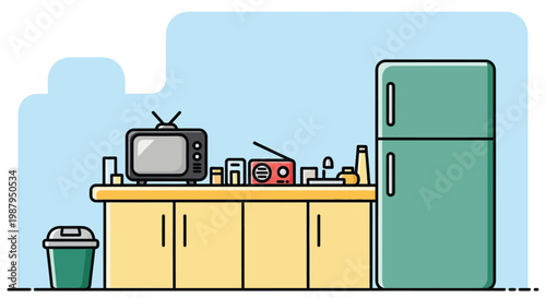 A colorful illustration depicts a retro kitchen scene with appliances and countertop items
