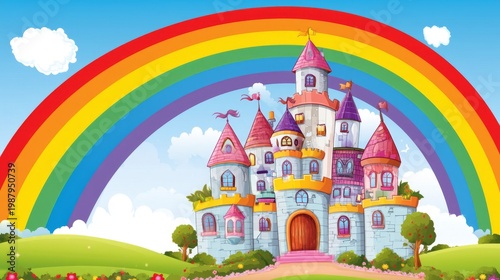 A colorful fairytale castle under a bright rainbow in a vibrant landscape.