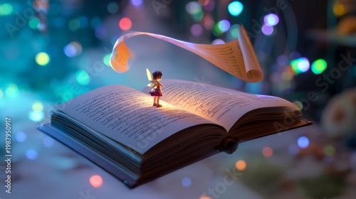 A whimsical fairy stands on an open book, illuminated by colorful fairy lights.