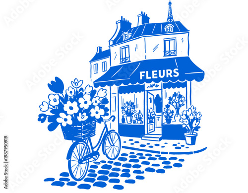 French flower shop, vintage fleur storefront, blue line art, bike with flowers, parisian street, florist, boutique, sketch, floral design