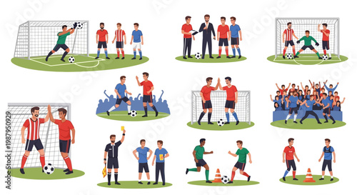 Soccer Players Celebrating Victory, Referee, Fans, and Goalkeeper in Action