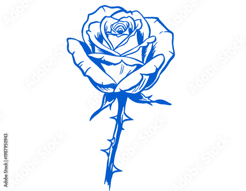 rose flower, barbed wire, blue line art, tattoo flash, edgy aesthetic, streetwear design, floral illustration, punk, emo, graphic