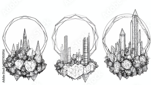 Three stylized, grayscale illustrations showcasing futuristic cities built on crystalline formations, encircled by geometric frames