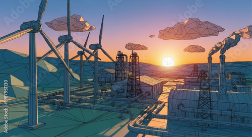 Renewable energy sources at sunset with wind turbines and solar panels.