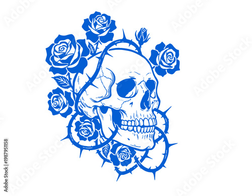 Obraz na plátně Blue skull, roses, thorns, gothic art, tattoo design, floral skeleton, vintage p