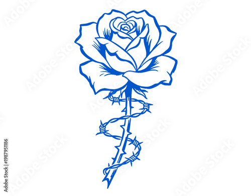 rose flower, barbed wire, blue line art, tattoo flash, edgy aesthetic, streetwear design, floral illustration, punk, emo, graphic