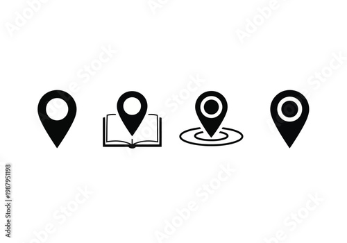 Four different map pin icons with various integrated symbols