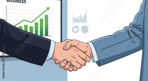 Two businessmen shaking hands in agreement with a financial graph in the background.