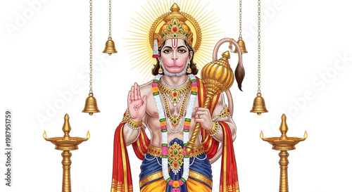 A vibrant depiction of Hanuman, a revered Hindu deity, is presented in a full shot against a clean white background, adorned with traditional gold ornaments, creating a spiritually