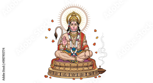 Detailed illustration of Lord Hanuman in a meditative pose, adorned with traditional jewelry, seated on an ornate platform with a halo behind him, set against a clean white background