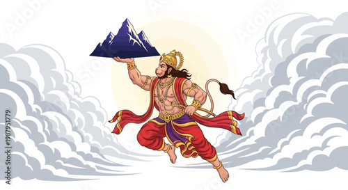 Illustration of Hanuman, the Hindu god, soaring through the clouds carrying a mountain during Hanuman Jayanti Festival celebrations, rendered with vibrant colors and dynamic composition