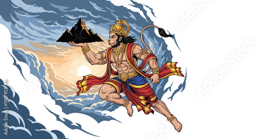 During the Hanuman Jayanti Festival, a powerful illustration depicts the Hindu god Hanuman in mid-air, holding a mountain aloft with one hand, set against a sky filled with clouds