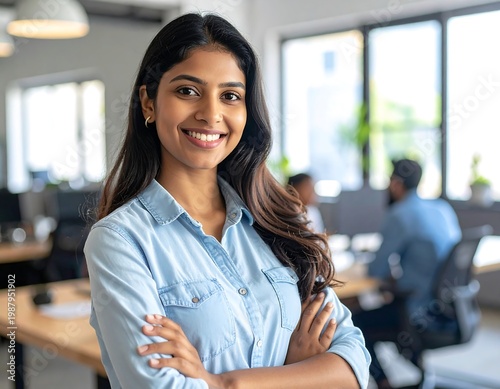Confident young woman in office setting.