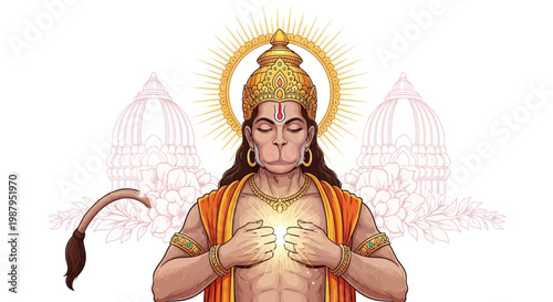 Illustration showcasing Hanuman, a Hindu deity, during the Hanuman Jayanti Festival, depicted with closed eyes and hands pressed together in prayer, set against a clean white backdrop