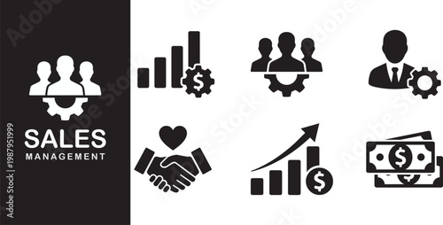 Sales management icons set, business growth and customer relationship management, vector illustration