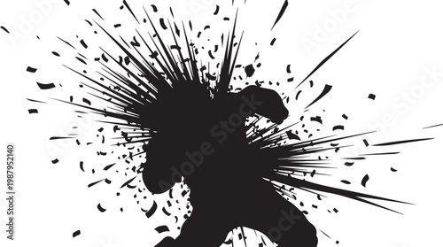 Black silhouette illustration, dynamic explosion effect, abstract vector graphic, dramatic motion design element