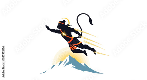 Silhouette illustration for Hanuman Jayanti Festival featuring the Hindu god soaring above mountain peaks with glowing light rays, rendered in a simple, stylized graphic against a clean