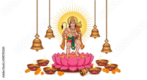 During the Hanuman Jayanti Festival, a vibrant illustration depicts Hanuman standing on a pink lotus flower with hanging golden bells and lit diyas against a clean white background