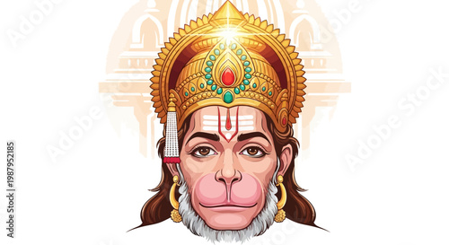 Detailed illustration of Hanuman, a Hindu deity, wearing a golden crown against an ornate background, celebrating the Hanuman Jayanti Festival with vibrant colors and a focus on traditional