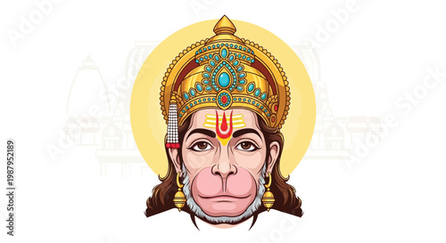 Detailed, vibrant illustration of Hanuman, a revered Hindu deity, displayed as a central figure with ornate golden crown and against a soft yellow backdrop during the Hanuman Jayanti