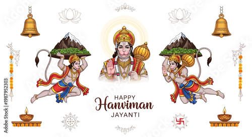 Vibrant illustration celebrating the Hanuman Jayanti Festival, showing Lord Hanuman carrying a mountain and blessing devotees, set against a clean white background with decorative elements