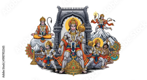 Detailed illustration depicting Hanuman, a central figure in the Hanuman Jayanti Festival, surrounded by other deities and devotees against a clean white backdrop, rendered in a vibrant