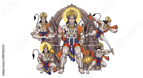 Detailed illustration depicting Hanuman, a central figure in the Hanuman Jayanti Festival, in various poses against an elaborate archway, rendered with vibrant colors and intricate