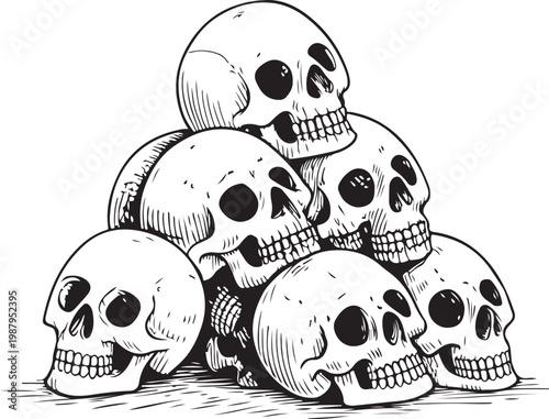 Pile of Human Skulls Mass Grave Death Hand-drawn Sketch Drawing Vector Illustration, Line Linear Symbol Black and White Engraving, Isolated