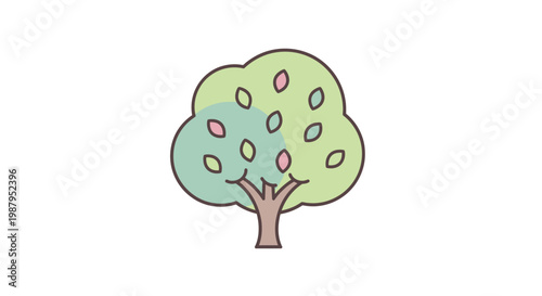 Illustrated tree with green and pink leaves against a white background, simplistic style