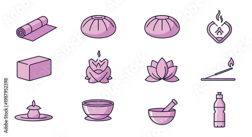 Illustrated symbols related to relaxation, meditation, yoga, and wellness in a purple tone