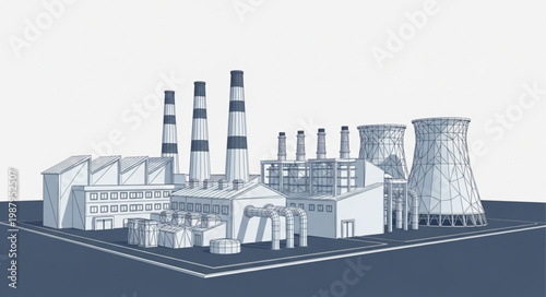 Industrial Power Plant with Cooling Towers and Smokestacks.