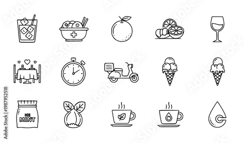 Outline food and wellness icon set with ice tea medical nutrition orange wine romantic dinner and delivery symbols vector