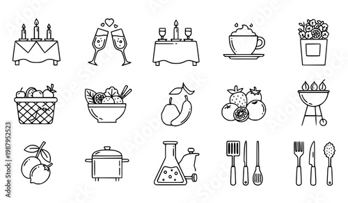 Sophisticated wedding glasses and cooking pictogram icons set with grill tools espresso and romantic dinner symbols