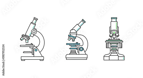 Illustration depicting various microscope designs for scientific and educational purposes.