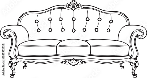 Retro Sofa Furniture Hand-drawn Sketch Drawing Vector Illustration, Line Linear Symbol Black and White Engraving, Isolated