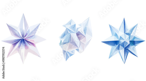 Three abstract geometric shapes with star-like and crystalline forms in shades of blue and purple