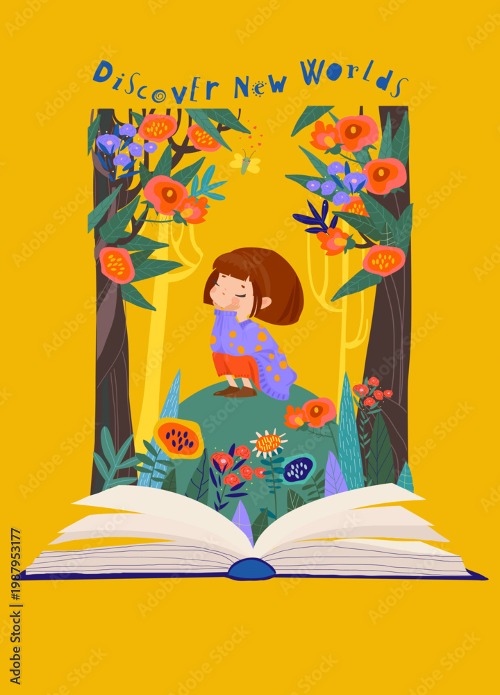 Fototapeta premium Cartoon Illustration with Little Girl and Cute Magical Fairy Tale Kingdom Story Book