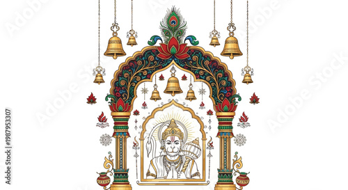 Ornate illustration of Hanuman Jayanti Festival featuring a detailed archway adorned with bells, lotus flowers, and peacock feathers, set against a clean white background in a vibrant
