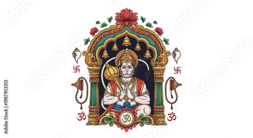 Detailed illustration of Lord Hanuman during Hanuman Jayanti Festival with folded hands in prayer, adorned with bells and Hindu symbols against a white background, rendered in a vibrant