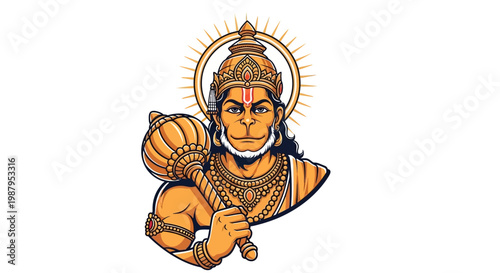 Illustrated depiction of Hanuman, a revered figure in the Hanuman Jayanti Festival, holding a gada in a powerful stance, set against a clean white backdrop with detailed ornaments
