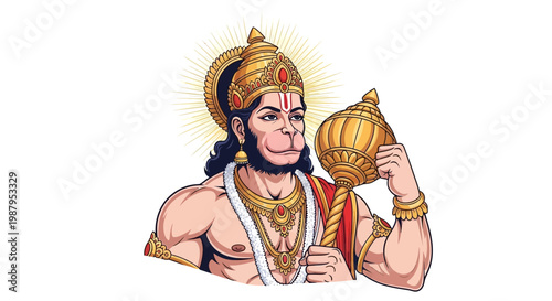 Digital illustration of Lord Hanuman for the Hanuman Jayanti Festival, depicted in a traditional style holding a golden mace against a clean white background, radiating light