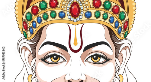 Close-up illustration showcasing the face of Hanuman with a detailed, ornate golden crown adorned with jewels for the Hanuman Jayanti Festival, set against a clean white background