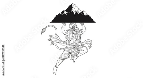 Monochrome depiction of Hanuman carrying a mountain against a clean white backdrop, styled as a linework illustration, celebrating Hanuman Jayanti Festival, with an energetic and powerful