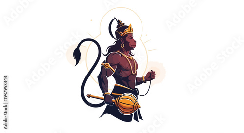 A stylized illustration of Hanuman, the Hindu god, depicted in profile with a mace against a clean white background, showcasing traditional attire and a dynamic pose that captures