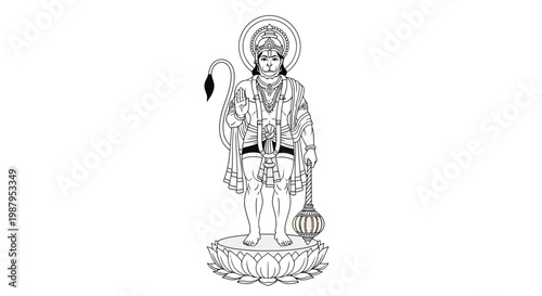 Monochrome illustration of Hanuman during Hanuman Jayanti Festival, standing on a lotus pedestal and holding a mace, presented in a minimalist line art style against a stark white